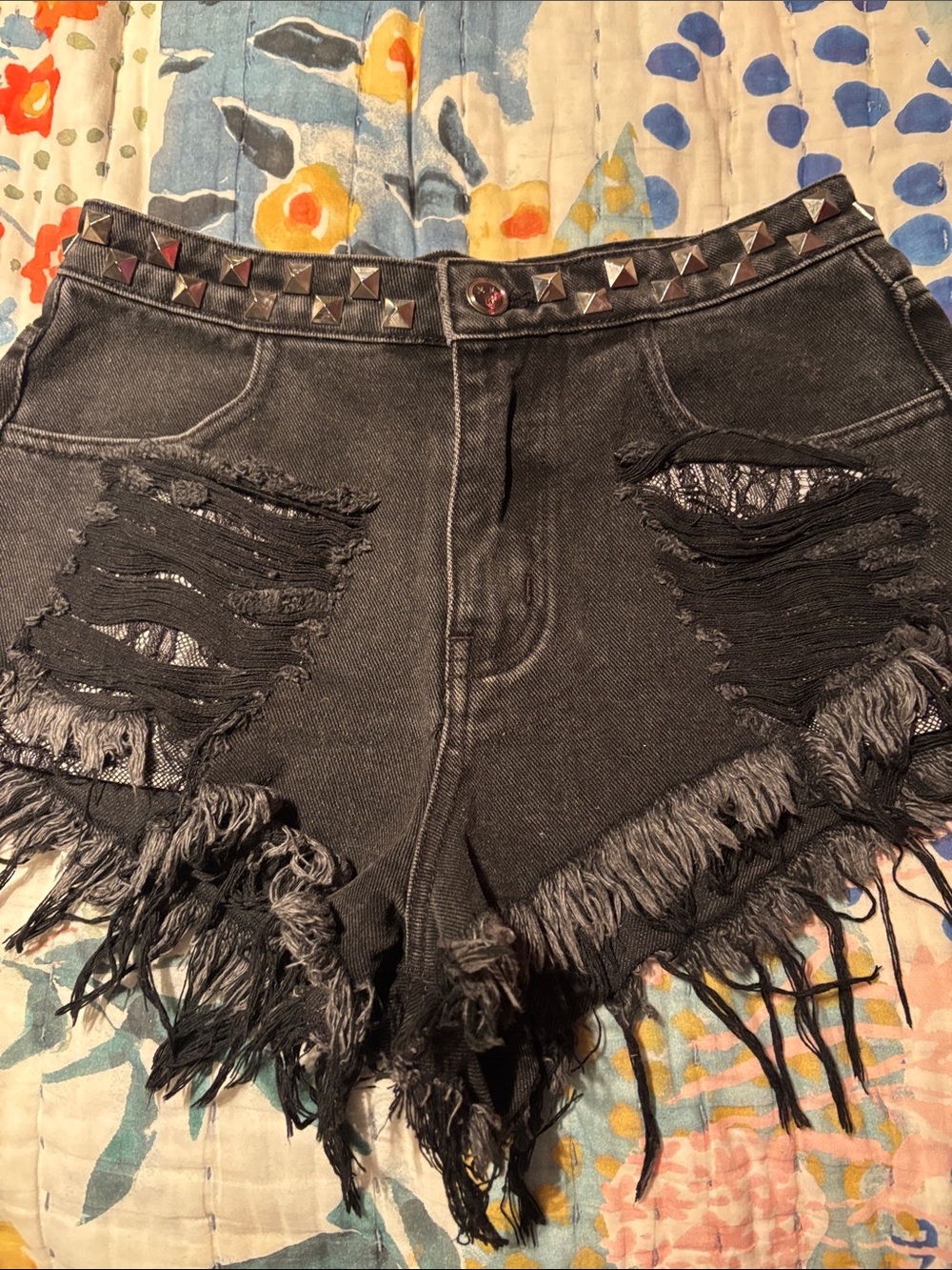 Current Mood Black Distressed Studded Fringe Denim Shorts